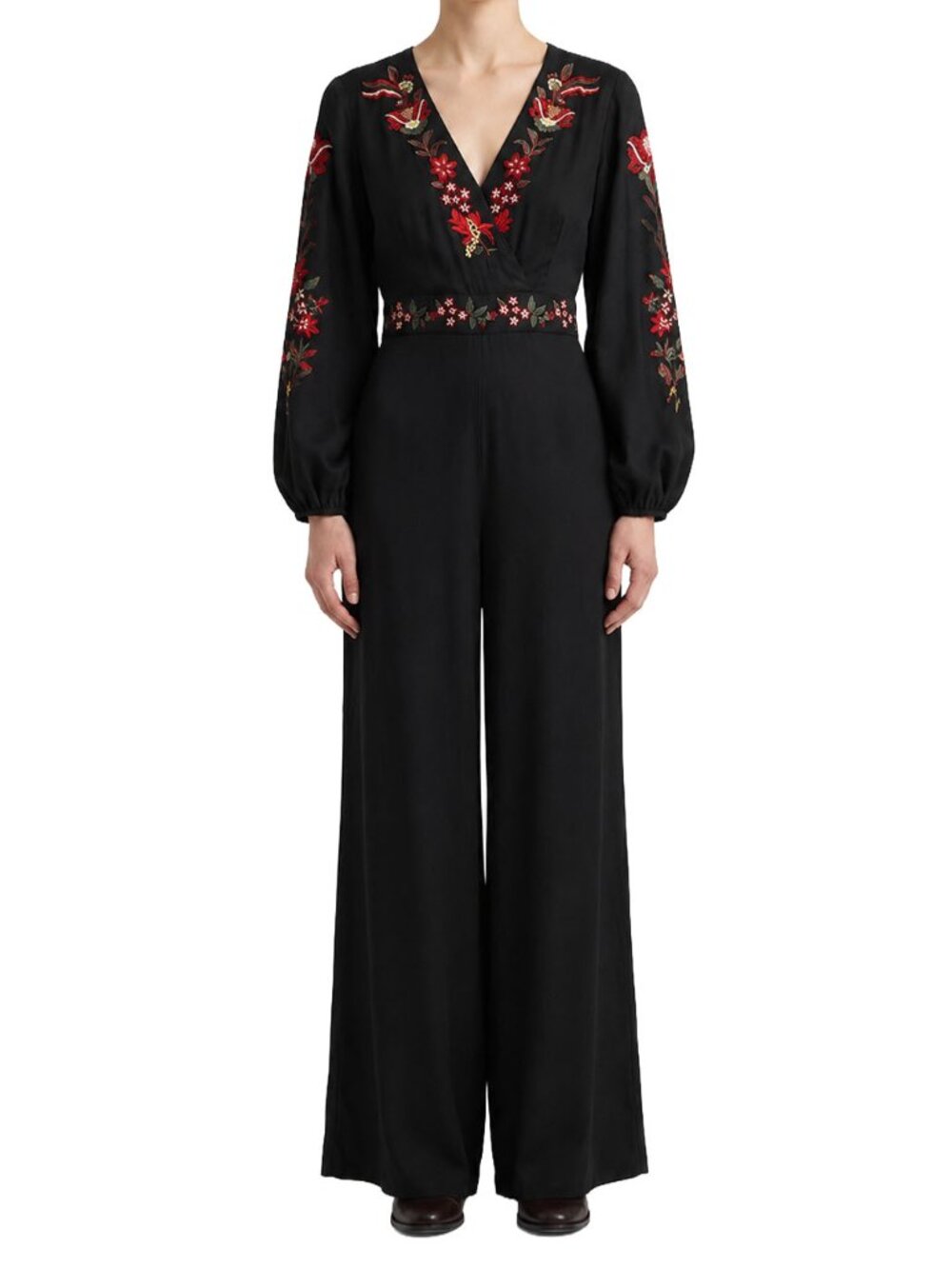 Farm Rio Anthropologie Black Floral Embroidered Wide Leg Jumpsuit XS